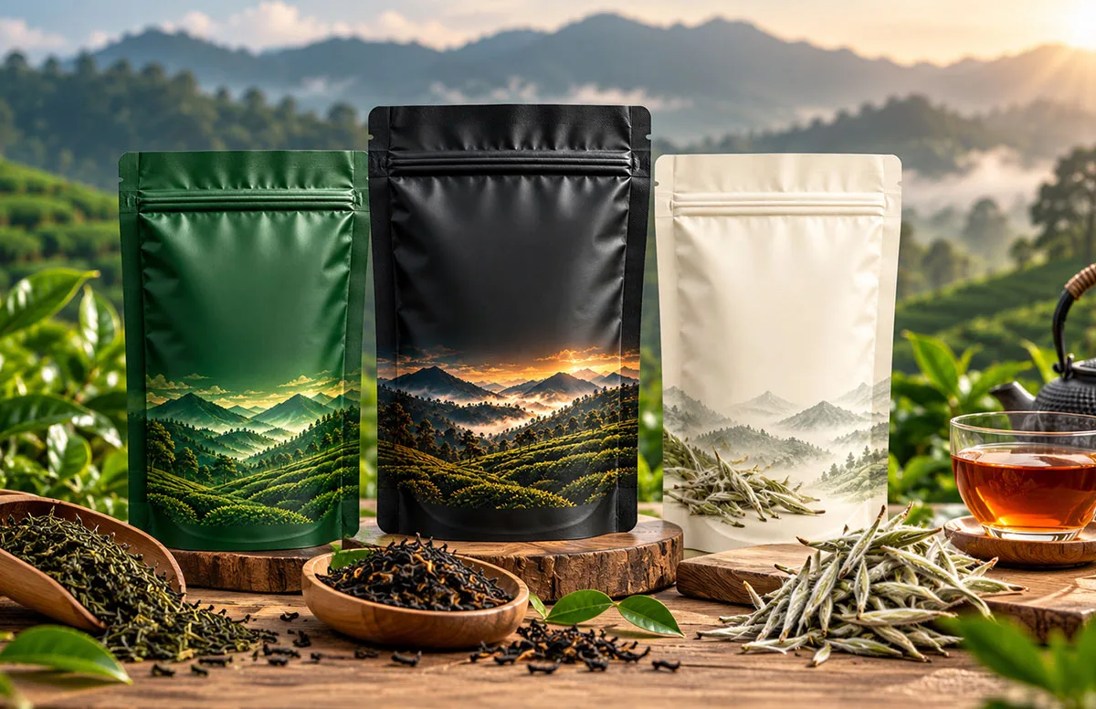 Resealable tea pouches with green, black and white tea leaves